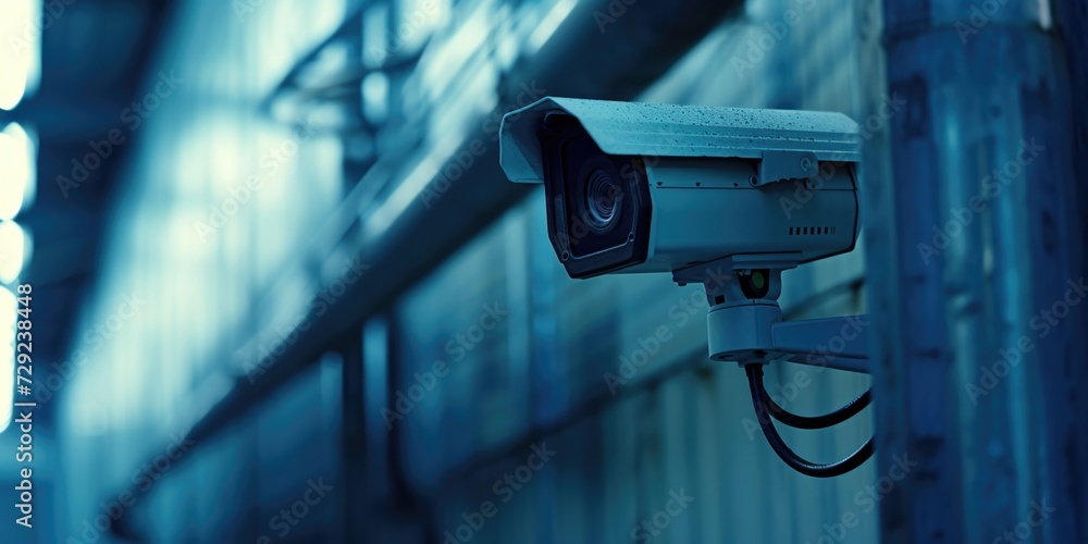 Poster a security camera mounted on the side of a building. this image can be used to depict surveillance, 