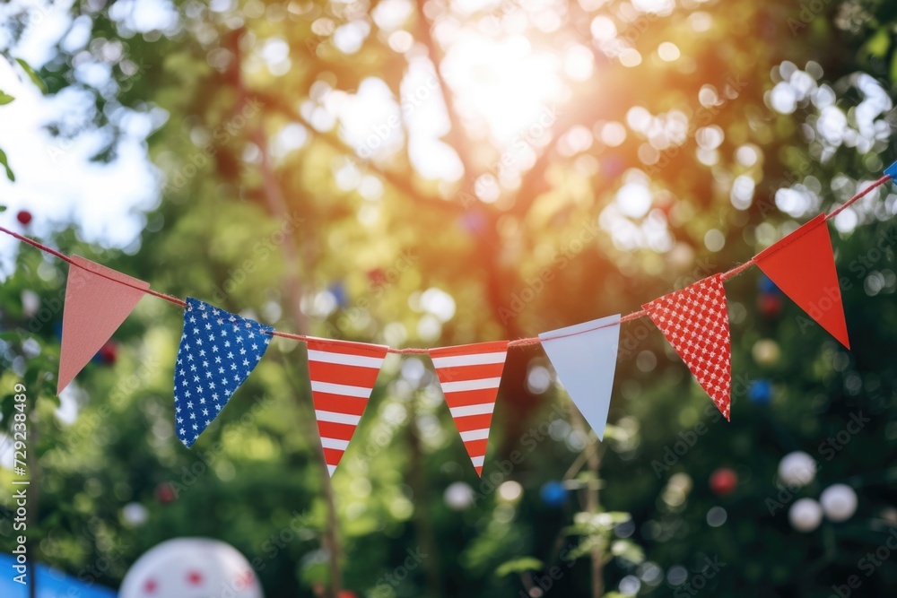 Poster a colorful flag bunting in red, white, and blue is displayed in front of a tree. this image can be u