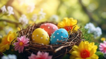 Fototapeta na wymiar A nest filled with colorful Easter eggs and vibrant flowers. Perfect for Easter celebrations and spring-themed designs