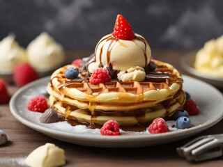 round waffle pancake with ice cream toppings

