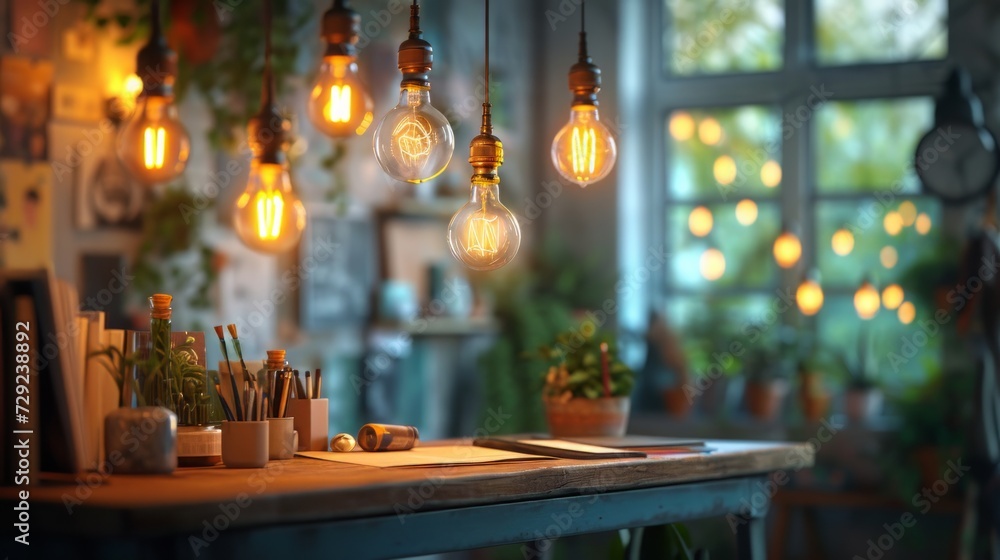 Poster creative studio space featuring an array of pendant light bulbs, illuminating a vibrant workspace co
