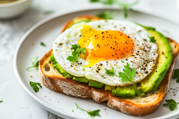 Avocado toast with sunny side up eggs and fresh basil leaves in a white plate.