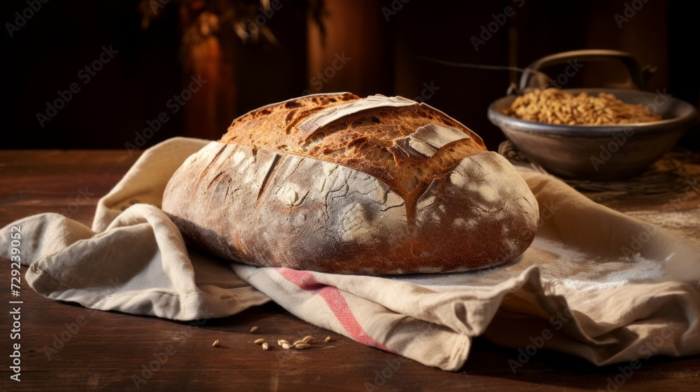 Poster crusty whole grain artisan bread, depicting the art of baking with detailed scoring and texture. gen