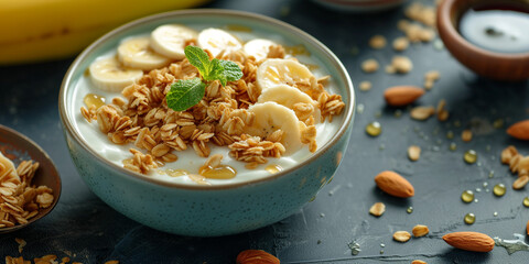 Obraz na płótnie Canvas A litle bowl of yoghurt with granola honey and banana slices on the top as a part of healthy breakfast and brunch