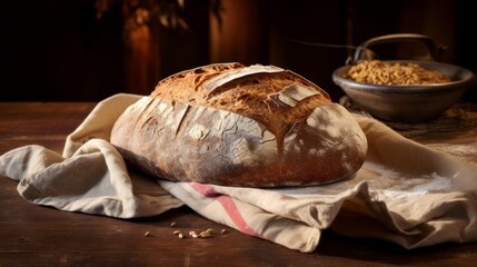 Crusty whole grain artisan bread, depicting the art of baking with detailed scoring and texture. Generative AI