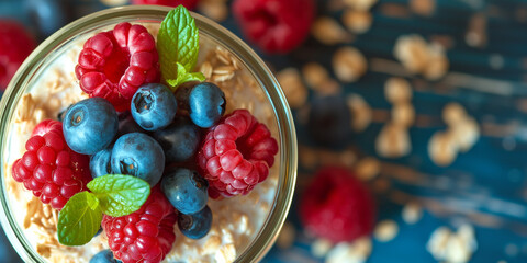 Overnight oat in a portion size litle jar with fresh from above photo of berries fruit on the top blueberry and raspberry in dark background healthy gourmet breakfast brunch place for text - obrazy, fototapety, plakaty