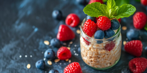 Overnight oat in a portion size litle jar with fresh berries fruit on the top blueberry and raspberry in dark background healthy gourmet breakfast brunch place for text - obrazy, fototapety, plakaty