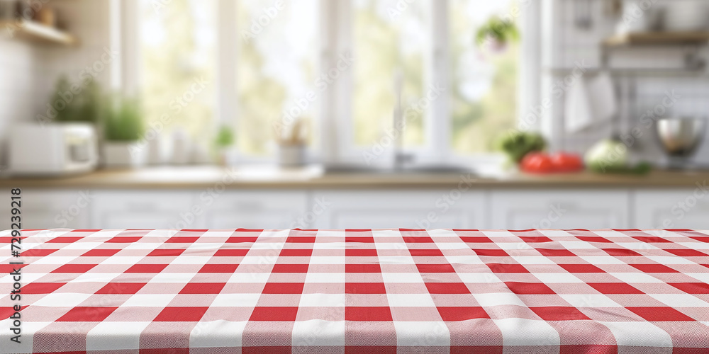 Poster an empty table with a red and white checkered tablecloth on a blurred background of a light kitchen