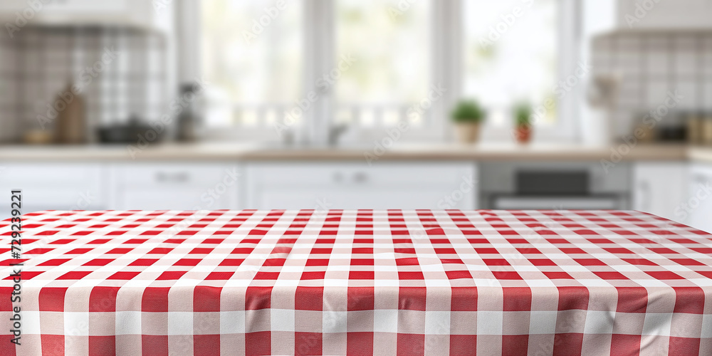 Poster an empty table with a red and white checkered tablecloth on a blurred background of a light kitchen