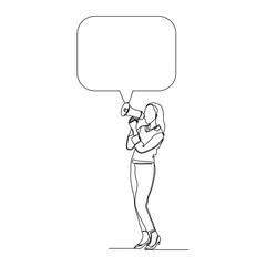 Continuous single line sketch drawing of woman holding megaphone speaker with bubble chat. One line art of sound tool equipment vector illustration