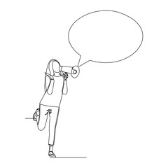 Continuous single line sketch drawing of woman holding megaphone speaker with bubble chat. One line art of sound tool equipment vector illustration