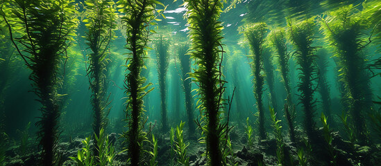 Forest of green algae with tall stems reaching the surface of the water