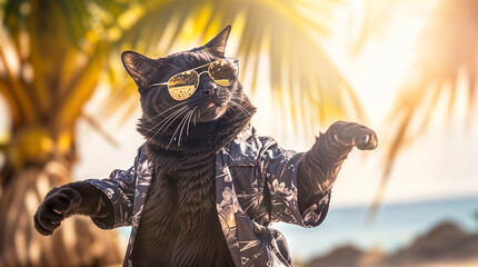 Funny black cat dancing on a sunny summer beach, playful cat pet with sunglasses and a shirt, vacation and island travel and party concept, leisure