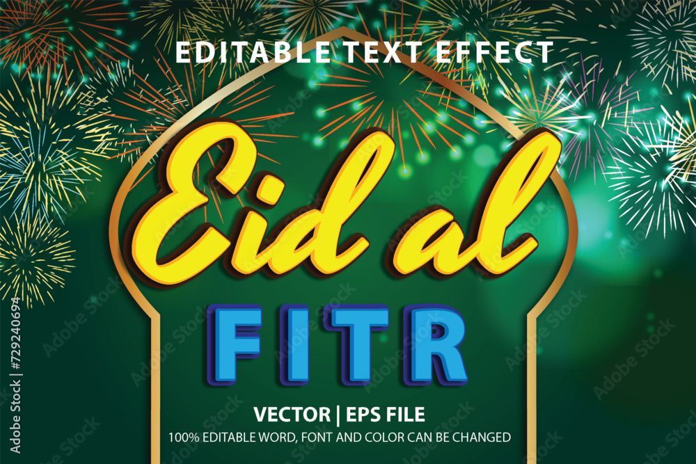 Poster editable text effect eid al fitr green and blur bokeh background firework and arabic decoration with