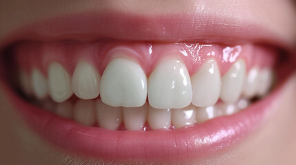 White tooth and gum close up with dental implant, human teeth for medical concept