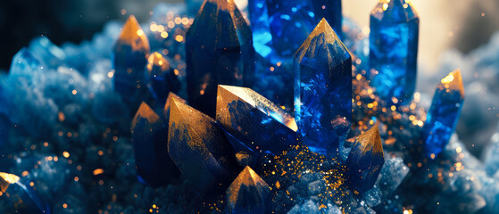 Obraz premium Blue, navy stone,crystals. Textured background with sparkling particles, golden shimmer, lights. Diamond, gevel illustration. Generative ai.