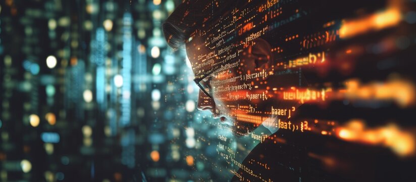 Enthusiastic programmer immersed in coding, double exposure of binary digits.