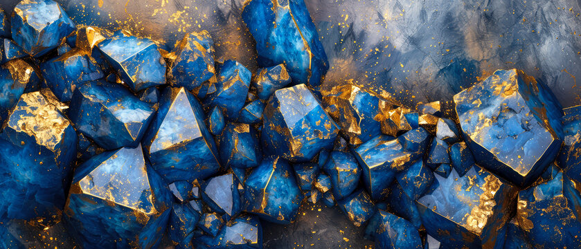 Blue, navy stone,crystals. Textured background with sparkling  particles, golden shimmer, lights. Diamond, gevel illustration. Generative ai.