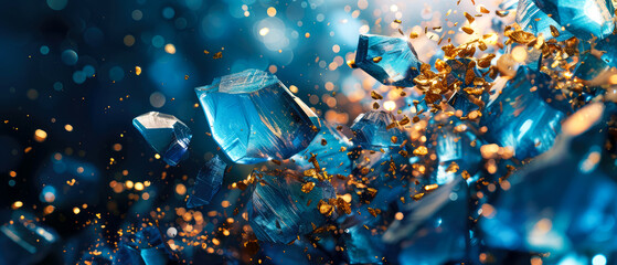 Blue, navy stone,crystals. Textured background with sparkling  particles, golden shimmer, lights. Diamond, gevel illustration. Generative ai.