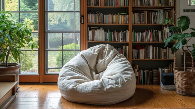 minimal bookcase and a beanbag chair. Creative Decor Inviting Reading and Learning Space.	
