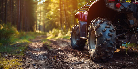 close-up of a wheel and traces of an ATV in the forest. ai generative.