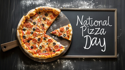 Celebrating National Pizza Day With a Delicious Pepperoni and Olive Pizza on a Wooden Board