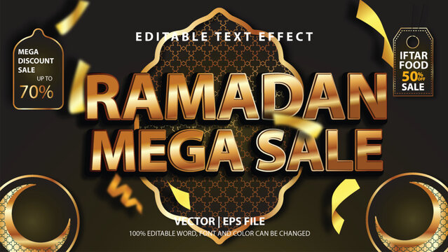 Editable text effect Ramadan Sale dark shiny gold effect with stylish 3d concept on Arabic decoration