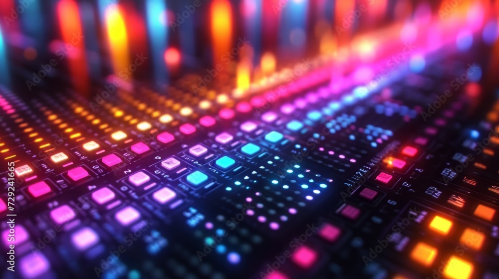 Poster digital equalizer panel with numerous glowing indicator lights pulsating in sync, creating a dynamic