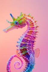Macro photo of a seahorse enhanced with striking neon colors presenting a surreal underwater scene