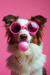 Adorable dog wearing pink sunglasses while blowing a pink bubblegum on pink background
