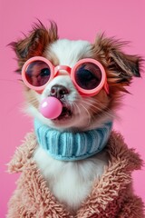 Stylish puppy in a scarf and sunglasses with bubblegum on a bright pink background