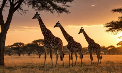 Fototapeta na wymiar Sanctuary Secrets: African Giraffe's Serene Savanna Realm with Sunset Key Lighting