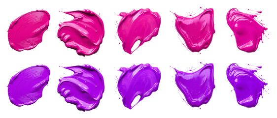 2 Collection set of magenta purple pink, blob paint ink liquid smear smudge swatch cream gel wax on transparent background cutout, PNG file. Many different design. Mockup template artwork graphic