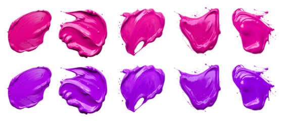 2 Collection set of magenta purple pink, blob paint ink liquid smear smudge swatch cream gel wax on transparent background cutout, PNG file. Many different design. Mockup template artwork graphic
