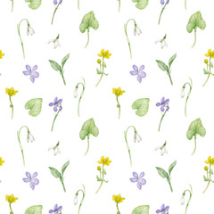 Seamless pattern of watercolor spring flowers. For packaging, textiles and backgrounds