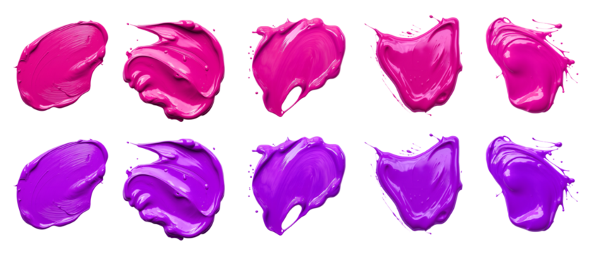 2 Collection set of magenta purple pink, blob paint ink liquid smear smudge swatch cream gel wax on transparent background cutout, PNG file. Many different design. Mockup template artwork graphic - Powered by Adobe