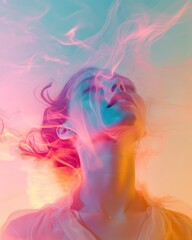 A surreal portrait of a woman surrounded by swirls of colorful smoke in a dreamlike setting