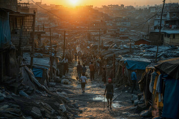 Slum area portrays the harsh living conditions and challenges of overpopulation around the world - obrazy, fototapety, plakaty