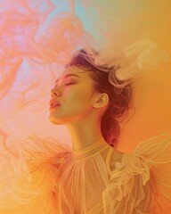 Artistic image of a woman with her eyes closed, surrounded by vibrant orange and pink smoke