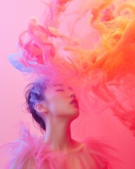 Dreamlike photo of a woman looking up with pink smoke swirling around her in a surreal fashion