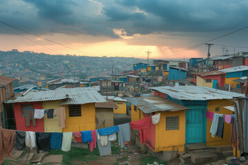 Obraz premium Colorful slum area at the edge of a major African city, showing poor living conditions and challenges of overpopulation