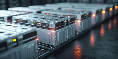 battery energy storage system consisting of several lithium battery modules placed side by side. ai generative.