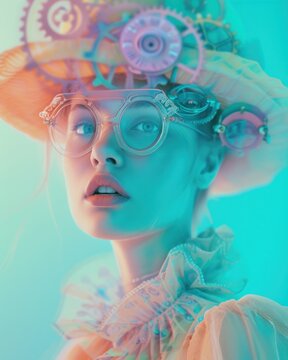Futuristic steampunk photo of a young woman with large glasses surrounded by a colorful aura