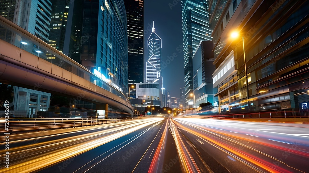 Poster the light trails on the modern building background in city : generative ai