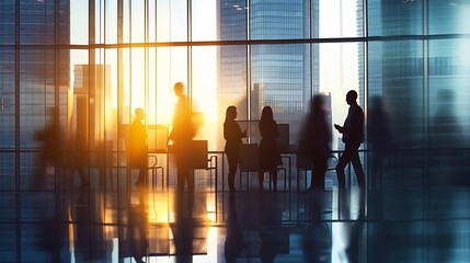 Silhouettes of diverse business people working together, toned image of office interior and skyscrapers. Concept of modern office with managers, partners : Generative AI