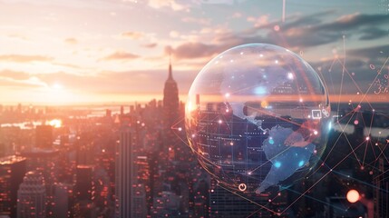 Earth globe with digital connection hologram, New York skyline on background. Metaverse and social marketing. Concept of global internet and worldwide network : Generative AI