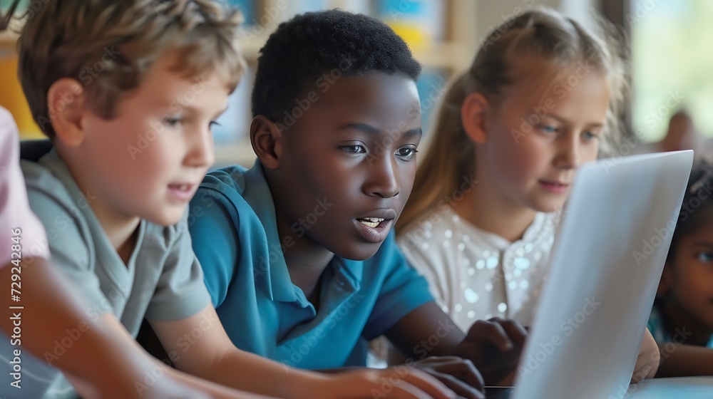 Poster Teacher Teaching Diverse School Kids Using Laptop In Classroom. African American Schoolboy And Diverse Classmates Browsing Internet On Computer Learning Online Indoor. E-Learning Conce : Generative AI