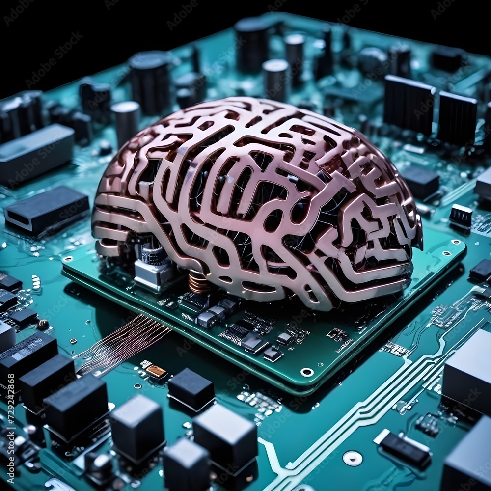 Poster electronic brain on the motherboard or artificial intelligence, the theme of implementing modern tec