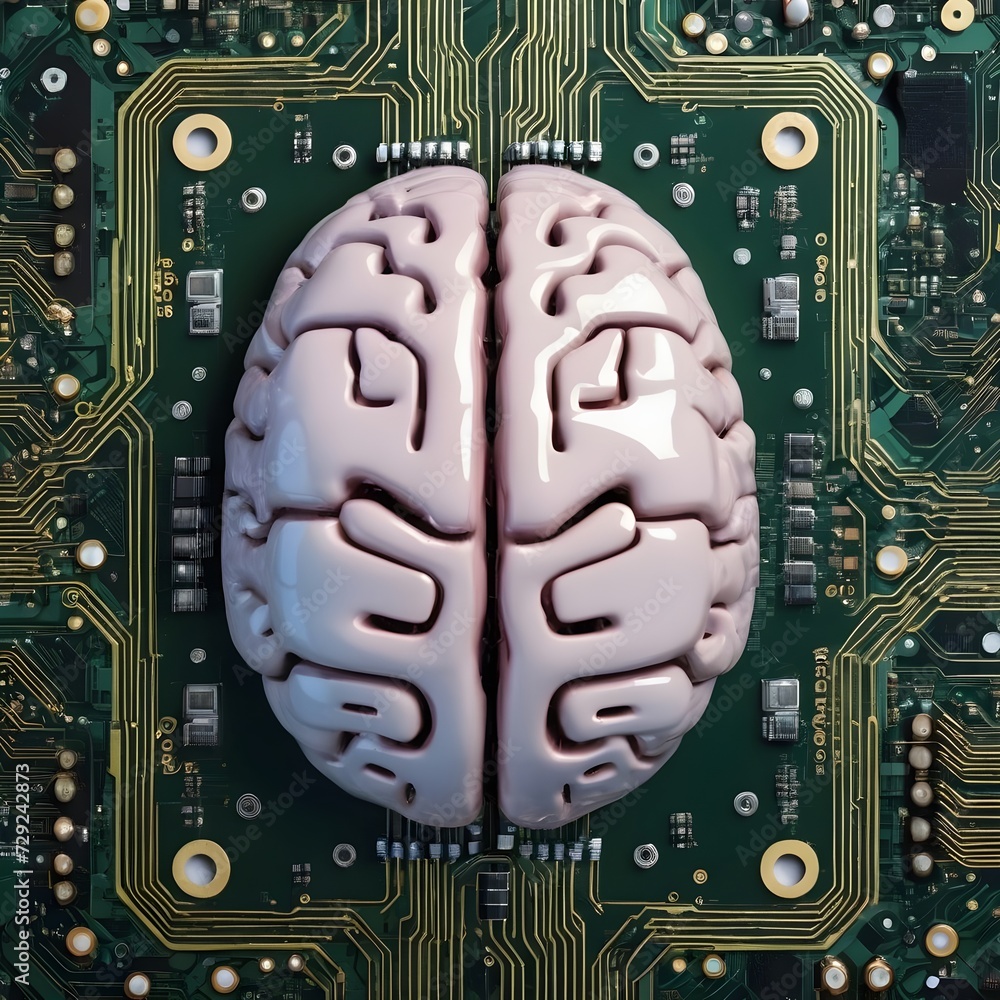 Poster electronic brain on the motherboard or artificial intelligence, the theme of implementing modern tec