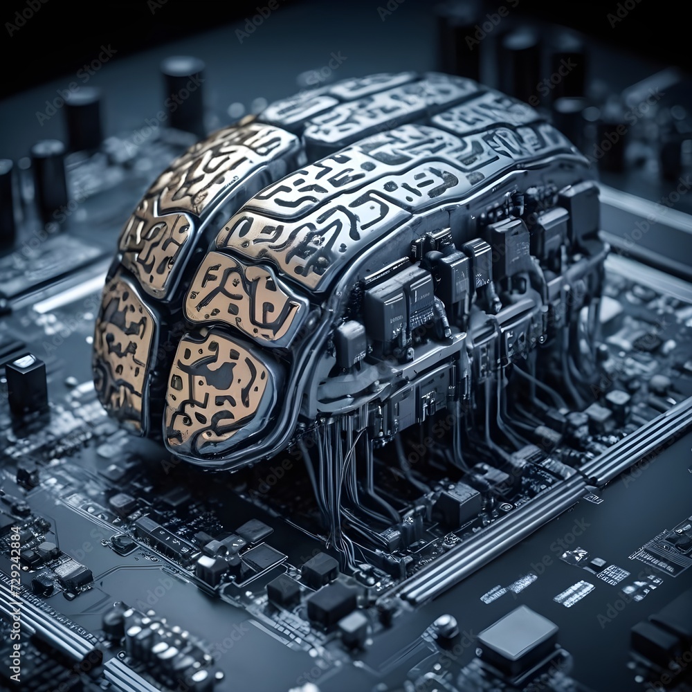 Poster electronic brain on the motherboard or artificial intelligence, the theme of implementing modern tec
